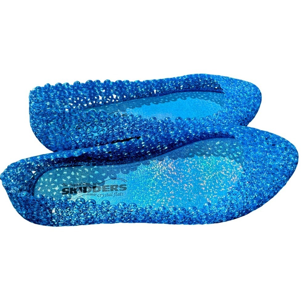 Blue Crystal Jelly Floral 8 Glitter Retro 80's Beach Party Summer Sparkly Flats - Picture 2 of 7